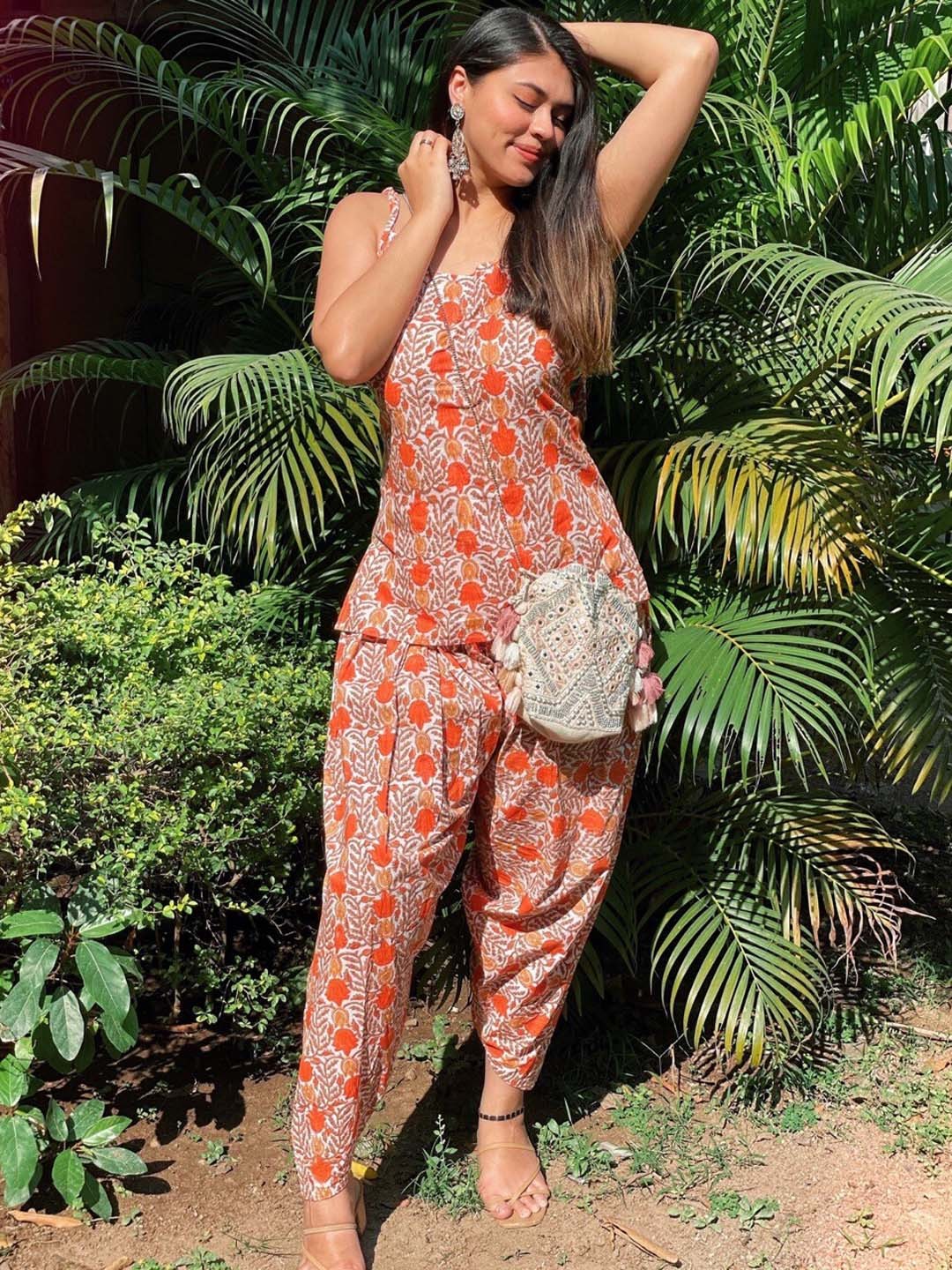 

Thread & Button Women Orange Floral Printed Pure Cotton Kurti with Dhoti Pants