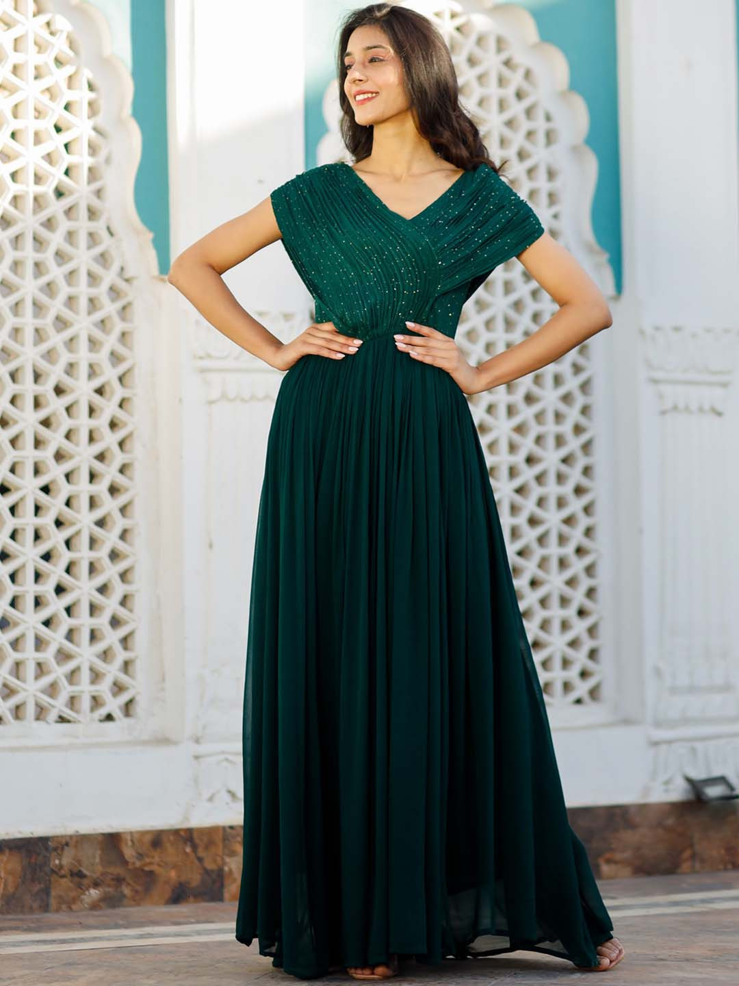 

Thread & Button Embellished Maxi Dress, Green