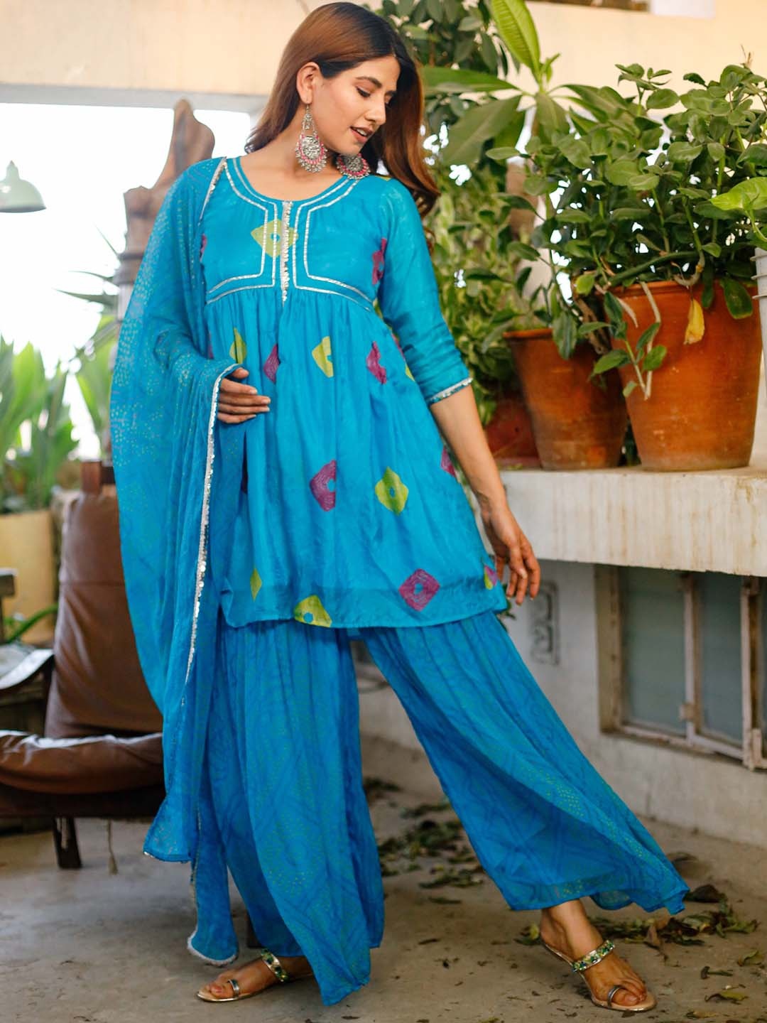 

Thread & Button Women Printed Empire Silk Chiffon Kurta with Palazzos & With Dupatta, Blue