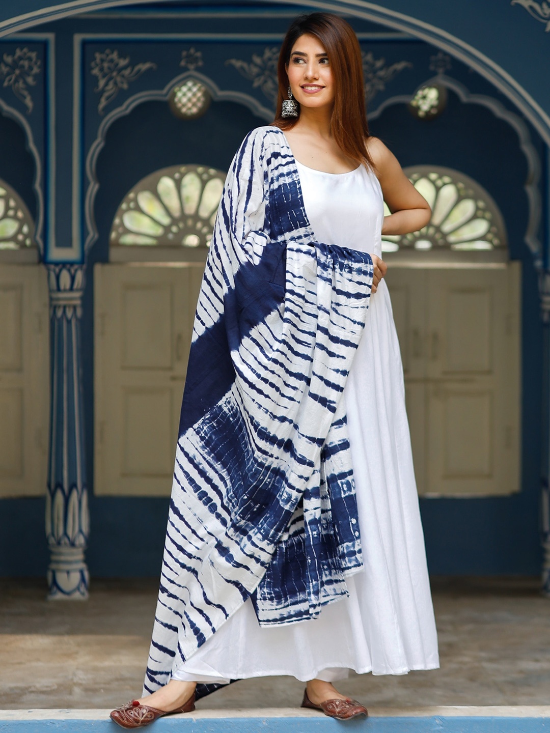 

Thread & Button Women Pure Cotton Anarkali Kurta with Trouser & Dupatta Set, White