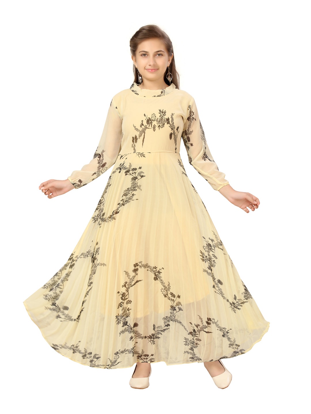 

Aarika Yellow & Grey Floral Georgette Maxi Dress