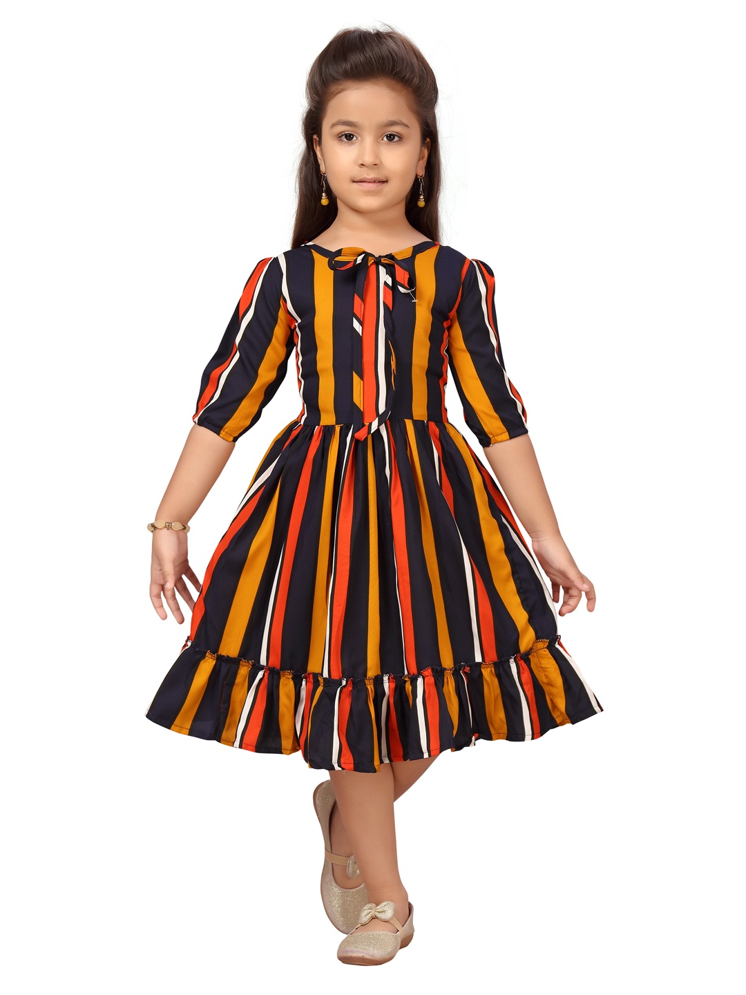 

Aarika Navy Blue & Mustard Yellow Striped Tie-Up Neck Dress