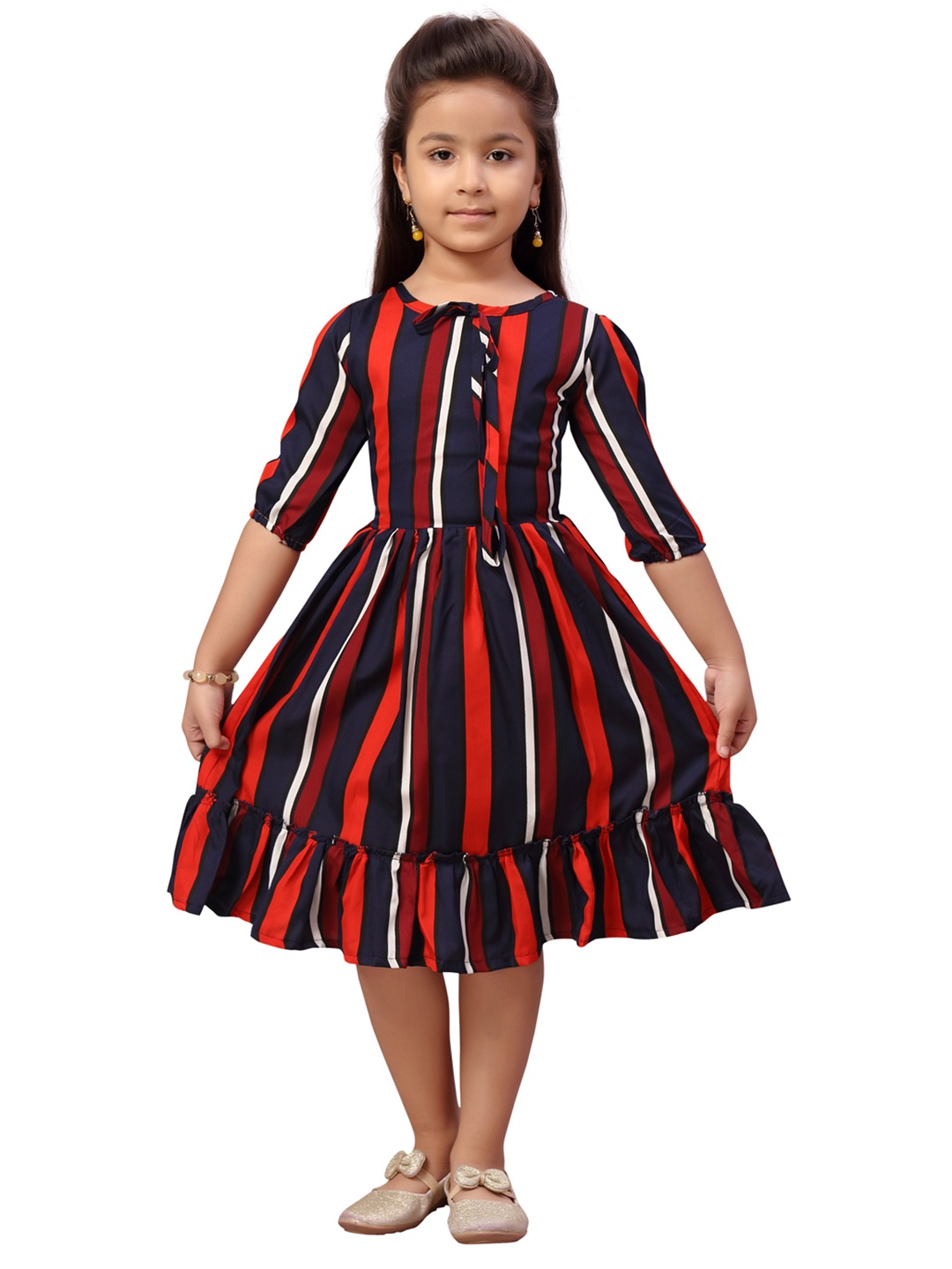 

Aarika Navy Blue & Red Striped Tie-Up Neck Dress