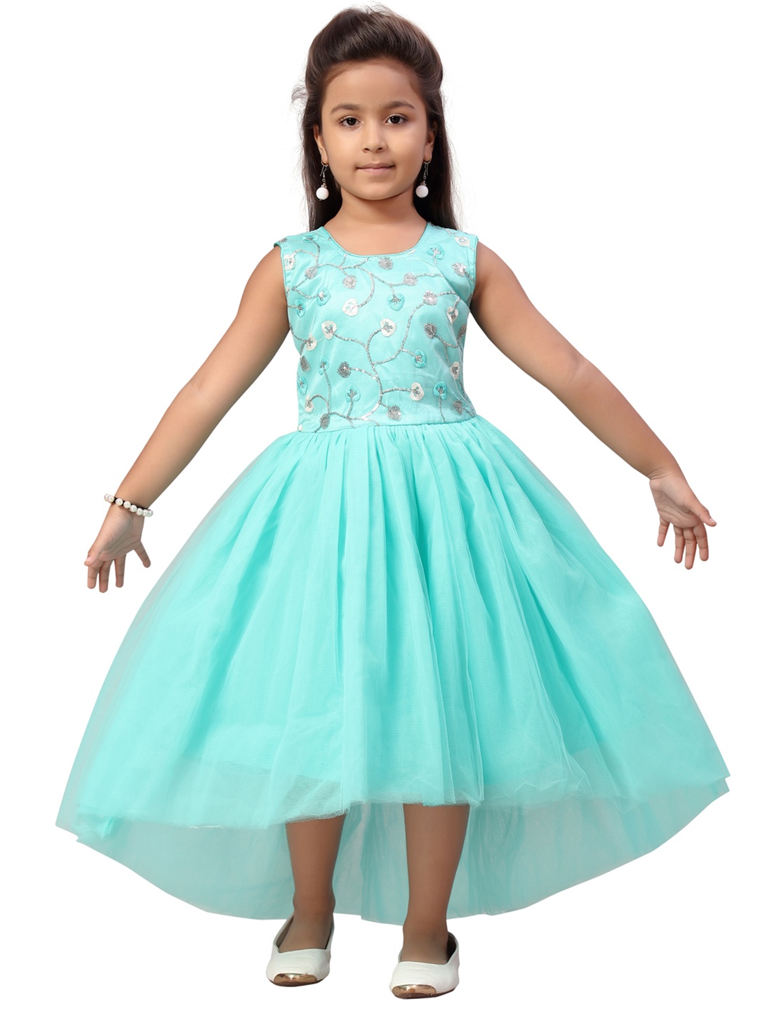

Aarika Girls Turquoise Blue Embellished Net Midi Dress