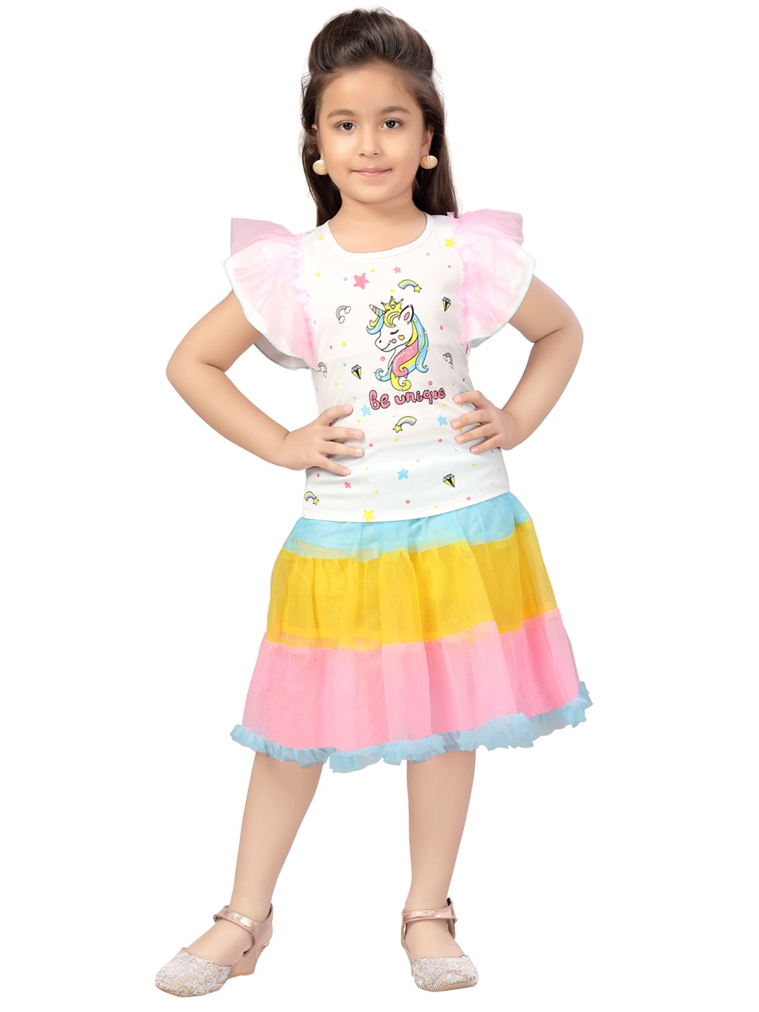 

Aarika Girls White & Pink Printed Net Dress