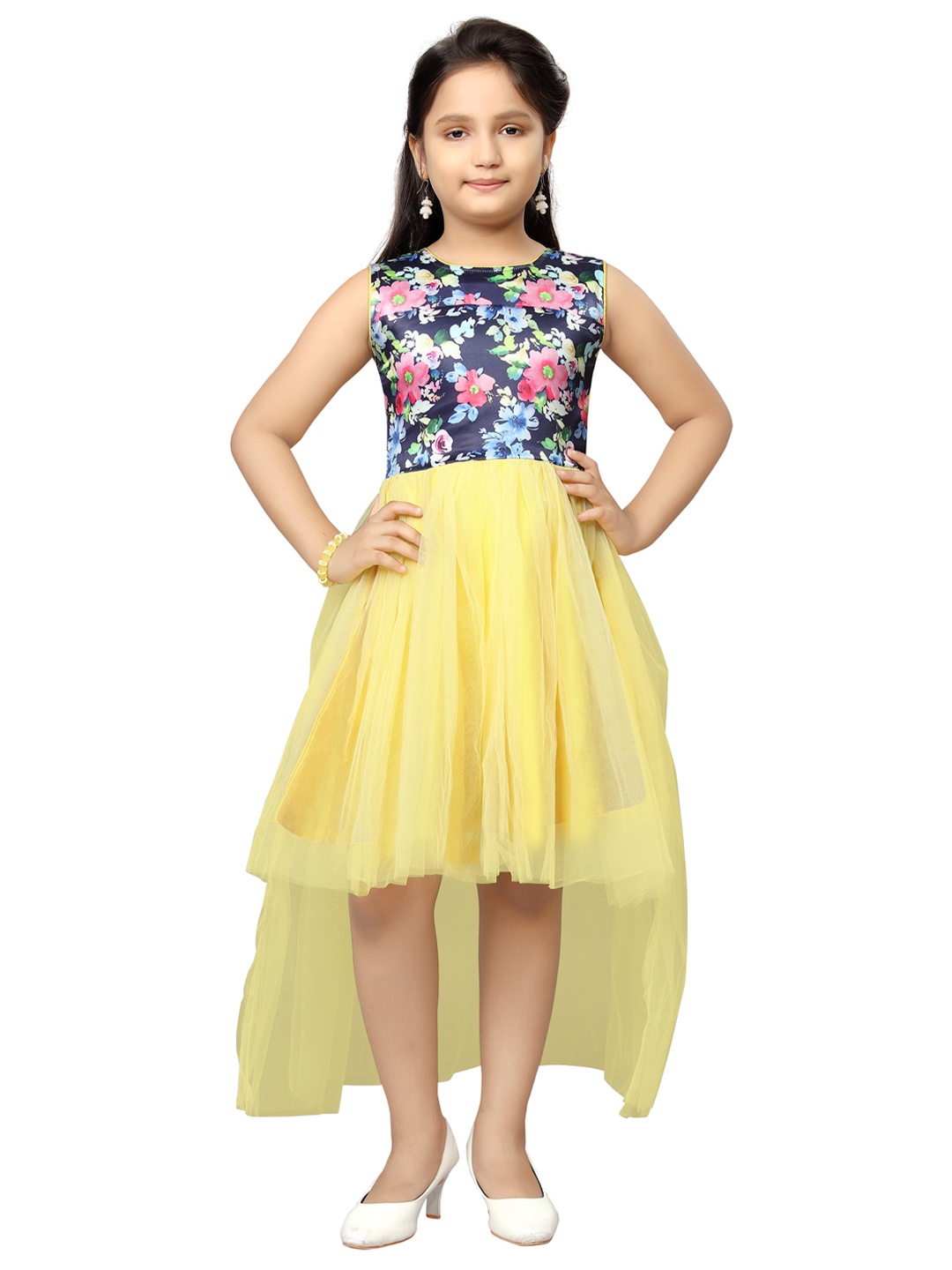 

Aarika Girls Yellow & Blue Floral Net Dress