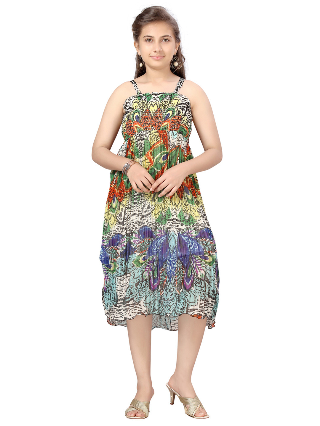 

Aarika Girls Green & Blue Floral Georgette Midi Dress