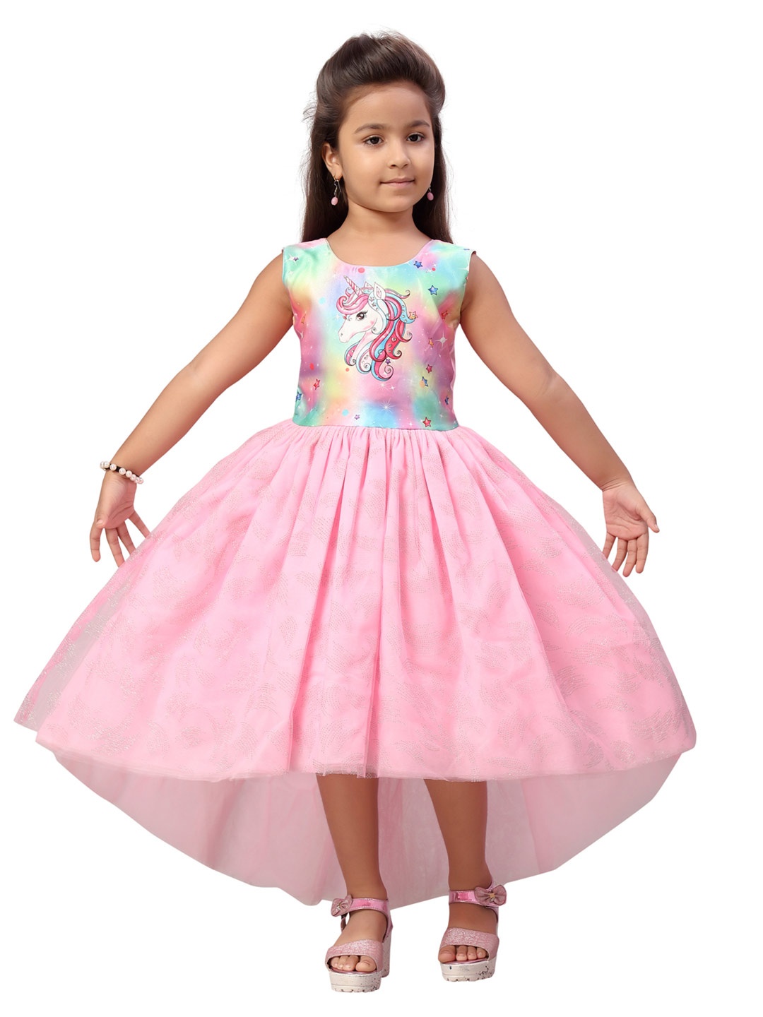 

Aarika Girls Pink & Blue Embellished Net Dress