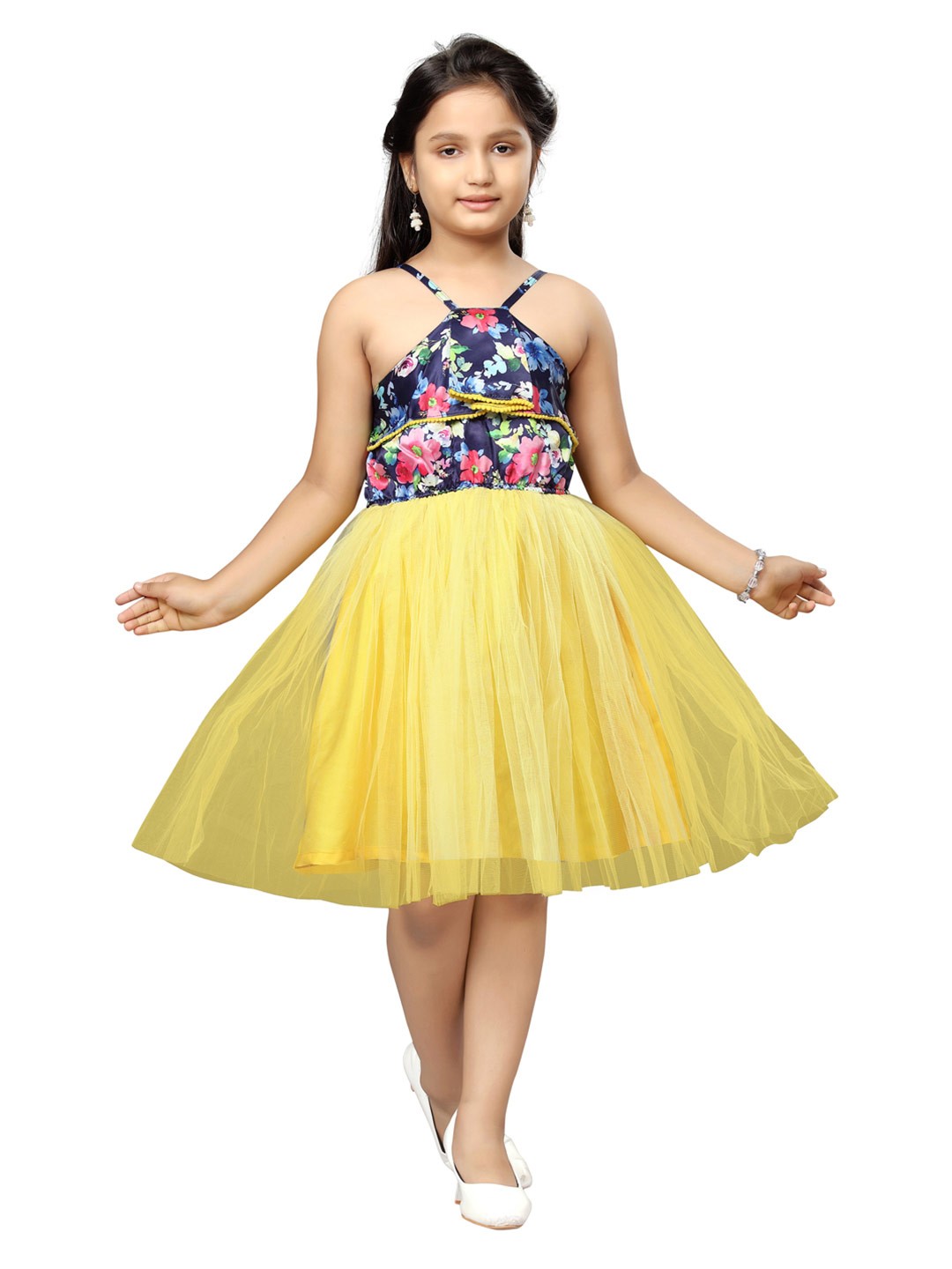 

Aarika Girls Yellow & Blue Floral Halter Neck Net Dress