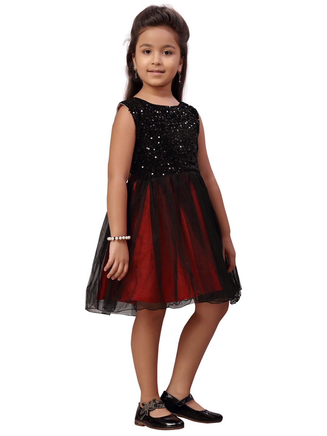 

Aarika Girls Red & Black Embellished Net Dress