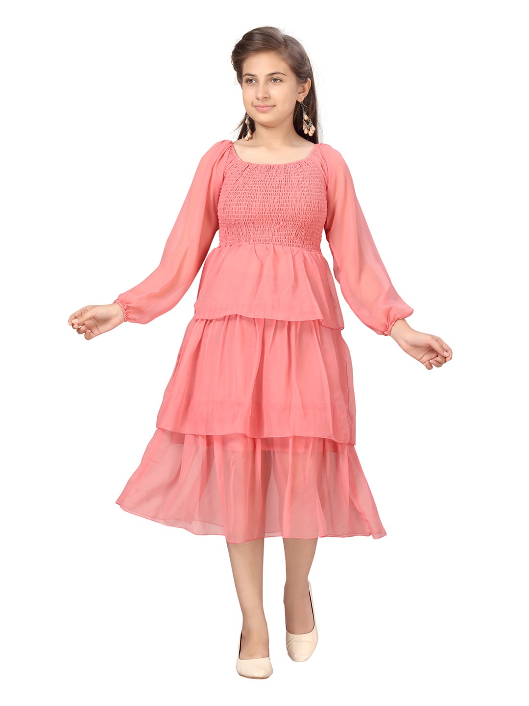 

Aarika Girls Peach-Coloured Layered & Smocked Georgette Midi Dress