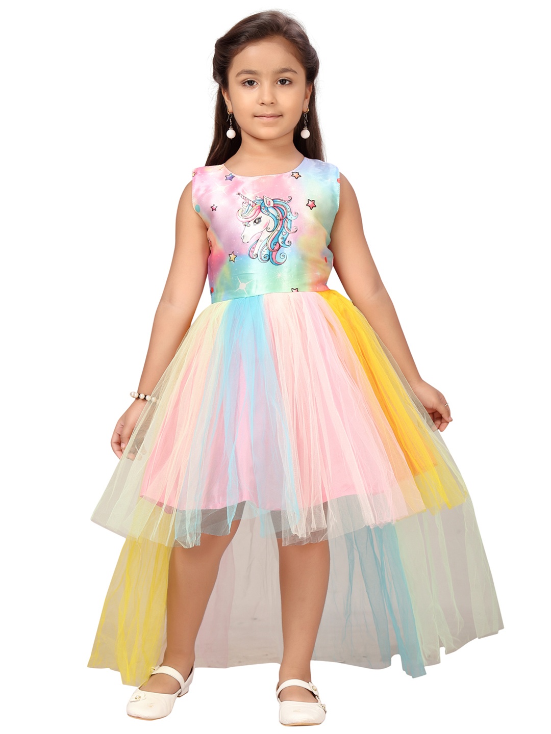 

Aarika Girls Pink & Yellow Printed Net Dress