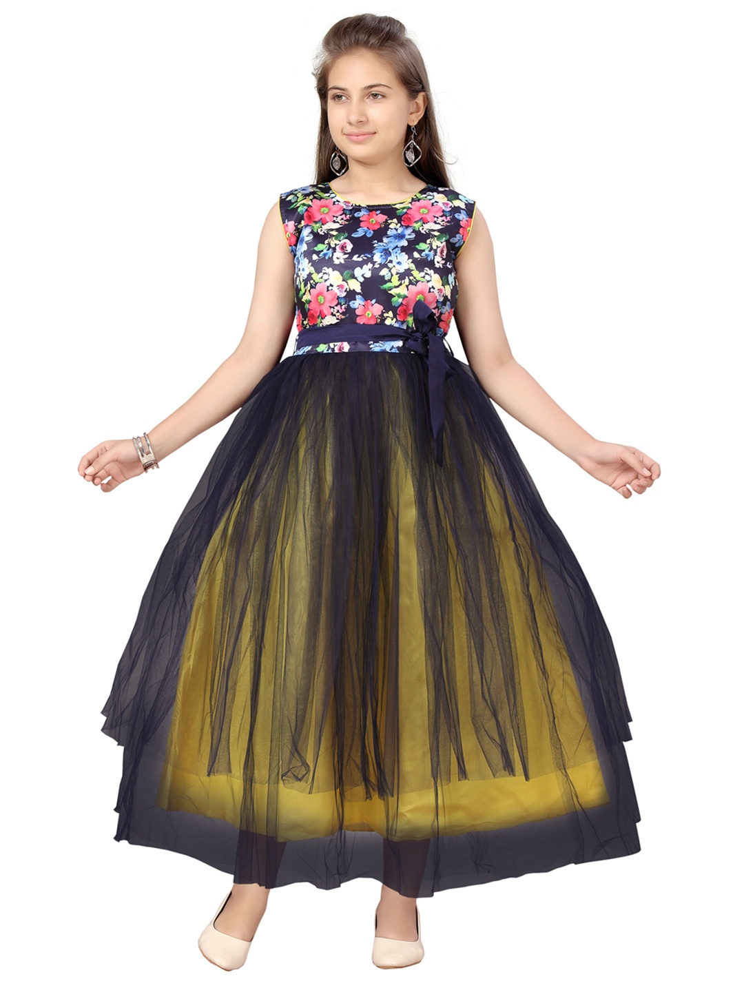 

Aarika Navy Blue & Yellow Floral Net Maxi Dress