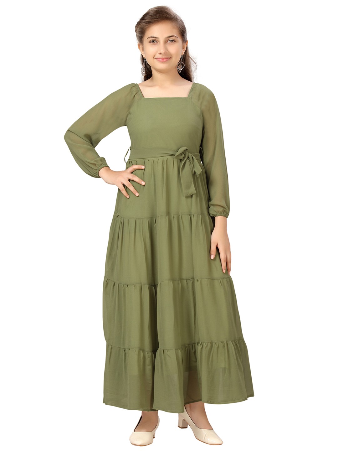 

Aarika Olive Green Georgette Maxi Dress