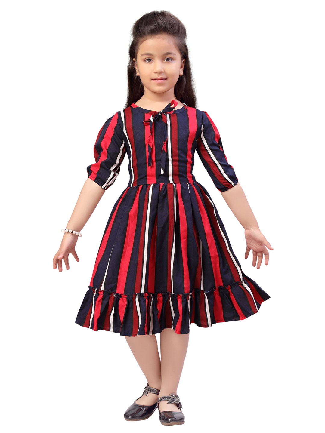 

Aarika Navy Blue Striped Tie-Up Neck Dress