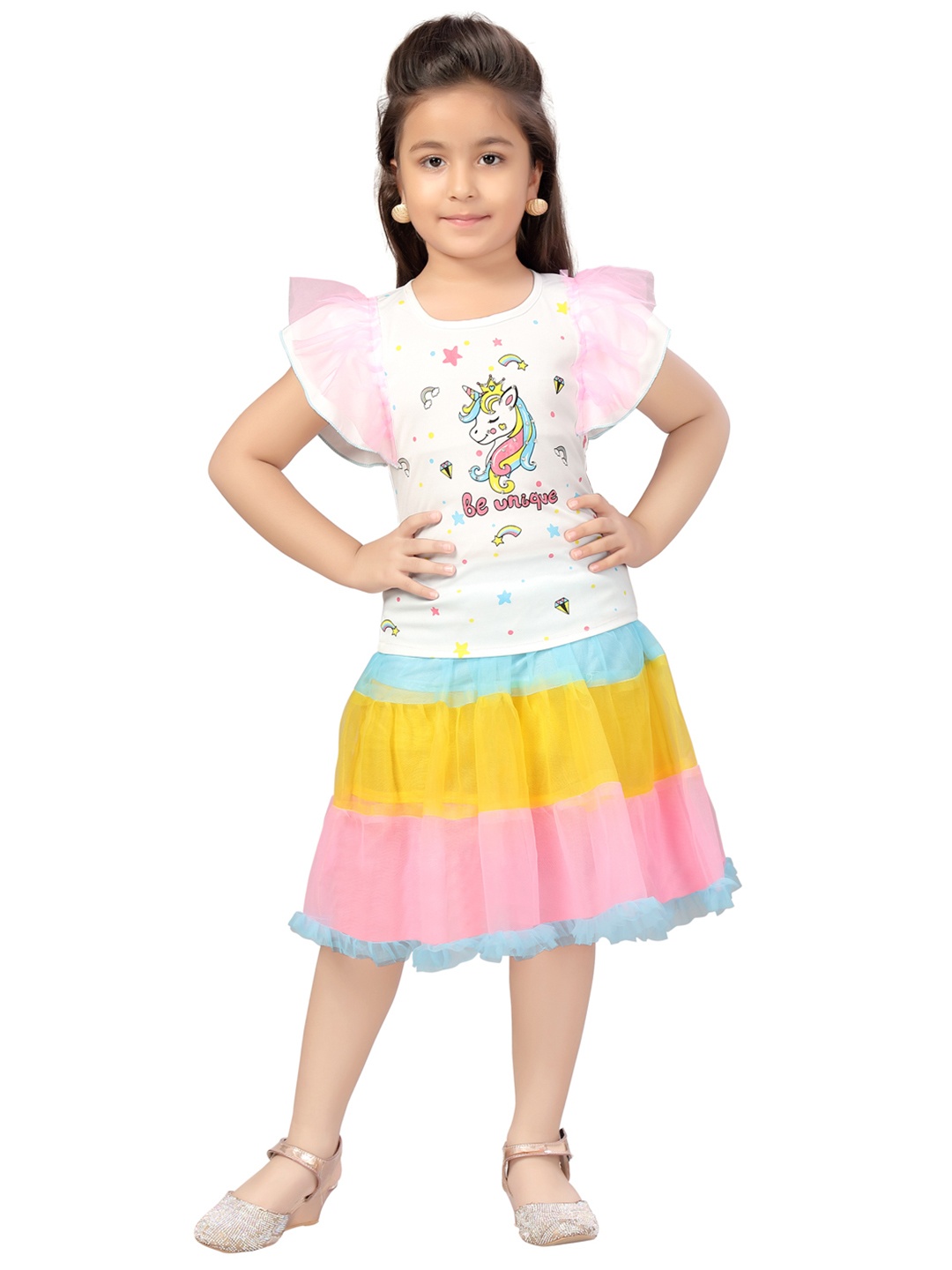 

Aarika Girls White & Pink Unicorn Printed Frock Dress