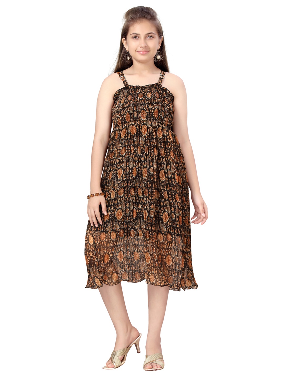 

Aarika Black & Mustard Yellow Ethnic Motifs Georgette A-Line Midi Dress