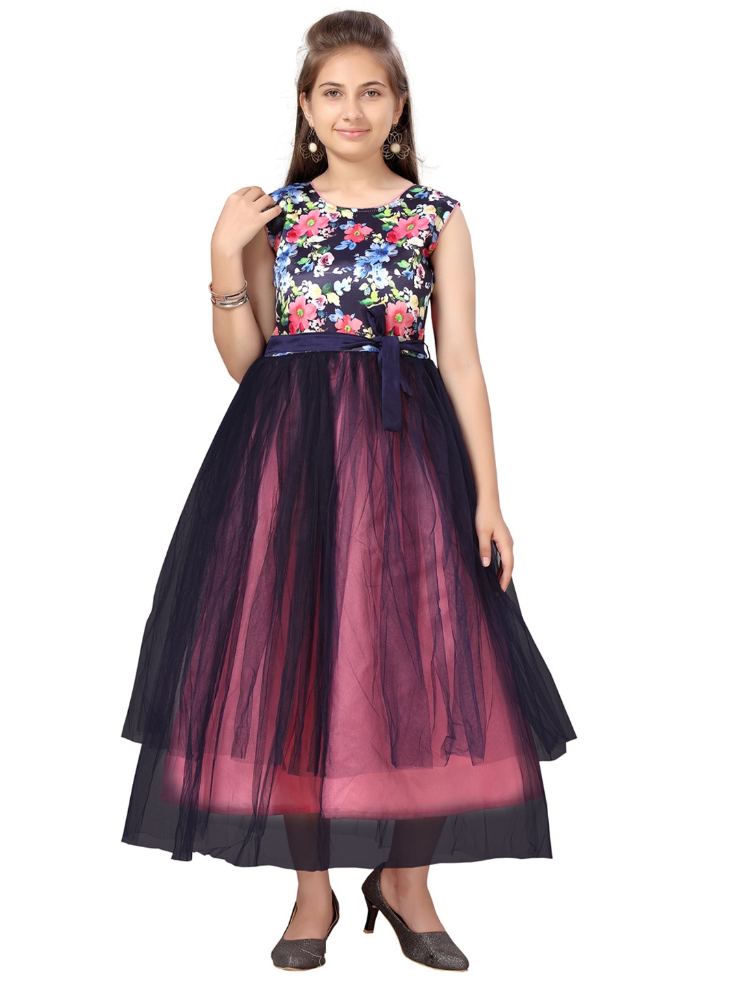 

Aarika Navy Blue & Pink Floral Net Maxi Dress