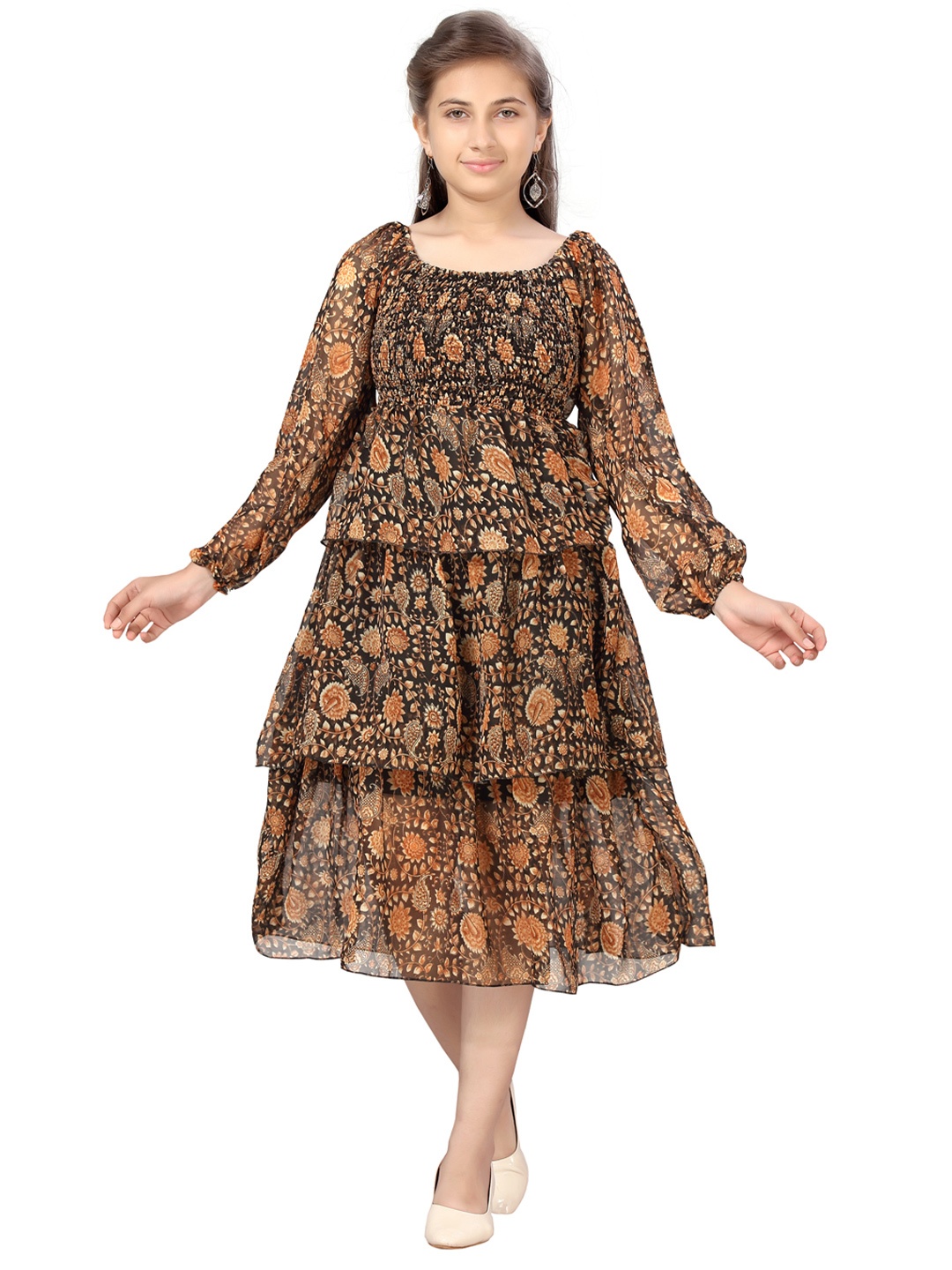 

Aarika Black & Brown Ethnic Motifs Georgette A-Line Midi Dress