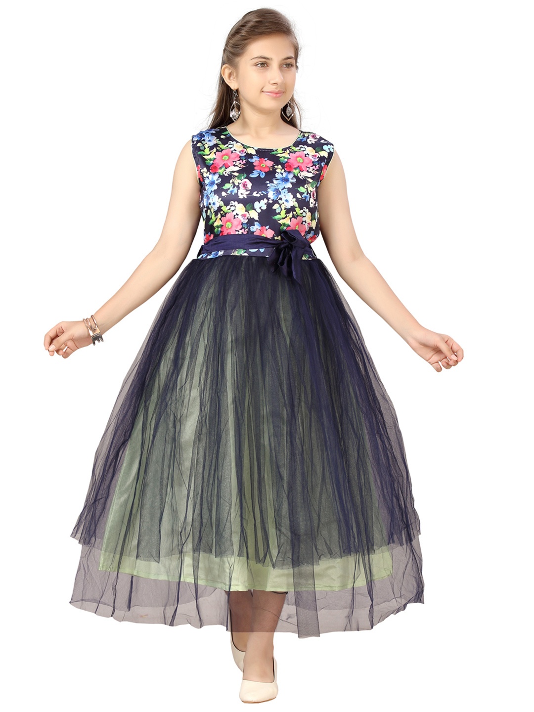 

Aarika Girls Navy Blue & Pink Floral Net Maxi Dress