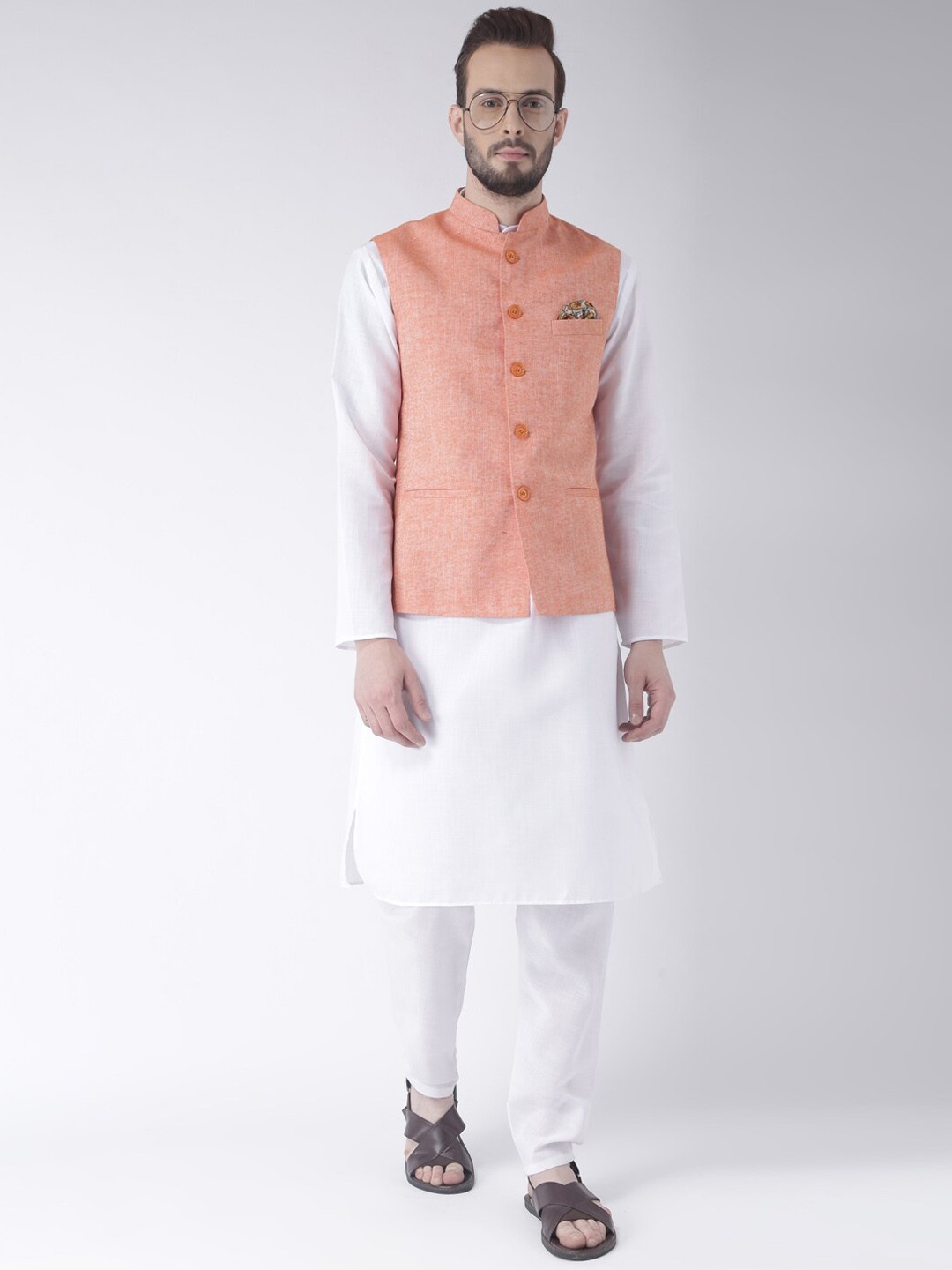 

Hangup Men Orange Pure Cotton Kurta with Pyjamas With Nehru Jacket