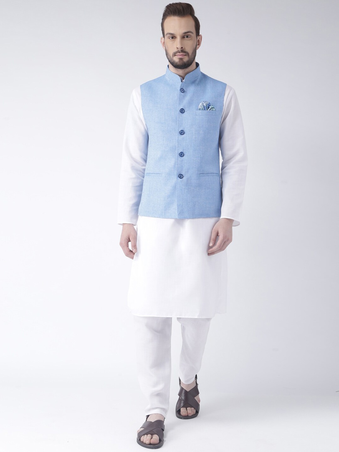 

Hangup Men White And Blue Long Sleeves Pure Cotton Kurta With Pyjama And Nehru Jacket