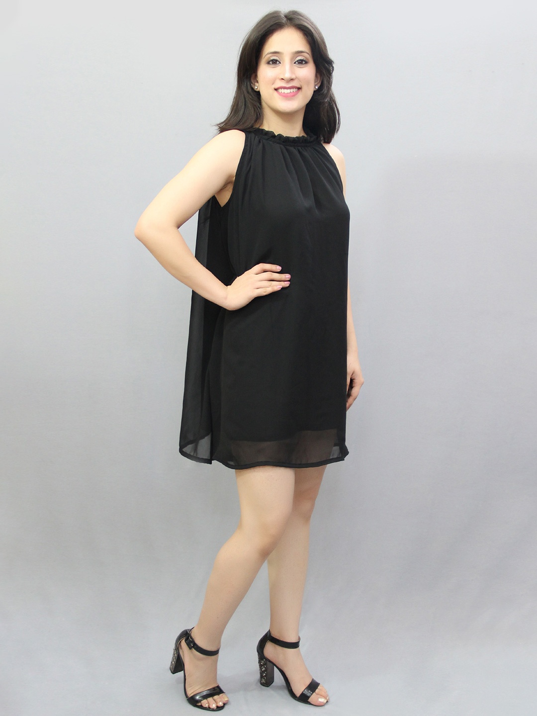 

CRAZEVILLA Black Choker Neck Georgette A-Line Dress