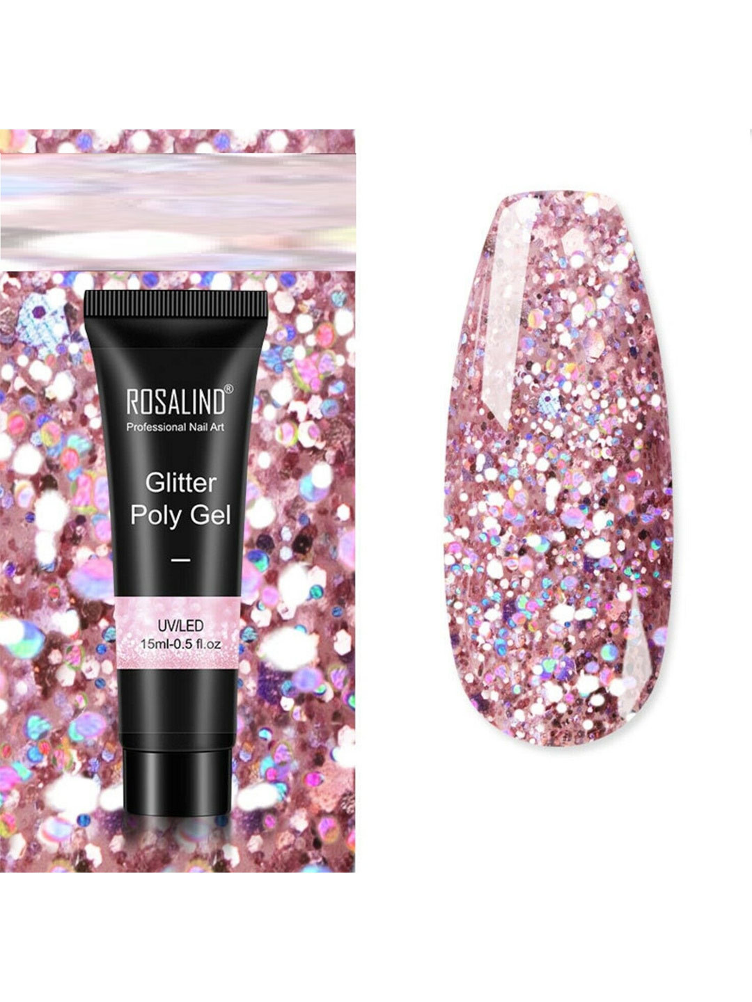 

ROSALIND UV & LED Soak-Off Glitter Poly Nail Extension Gel 15 ml - Shade-A755, Pink
