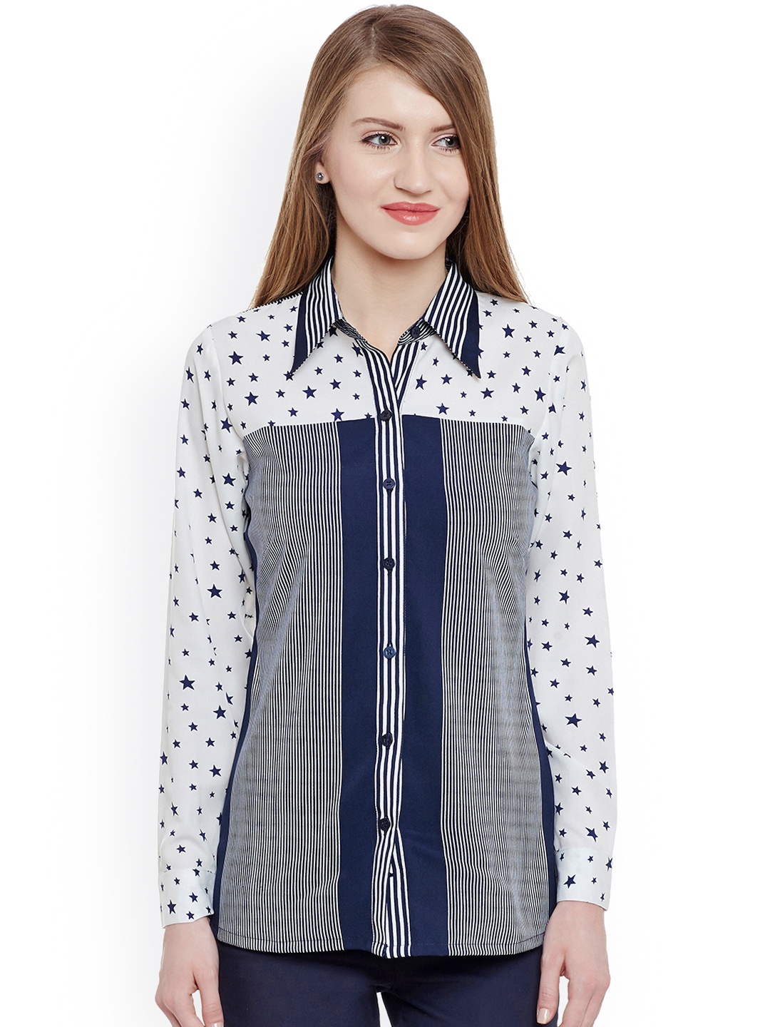 

Marc Loire Women White & Blue Printed Classic Regular Fit Casual Shirt