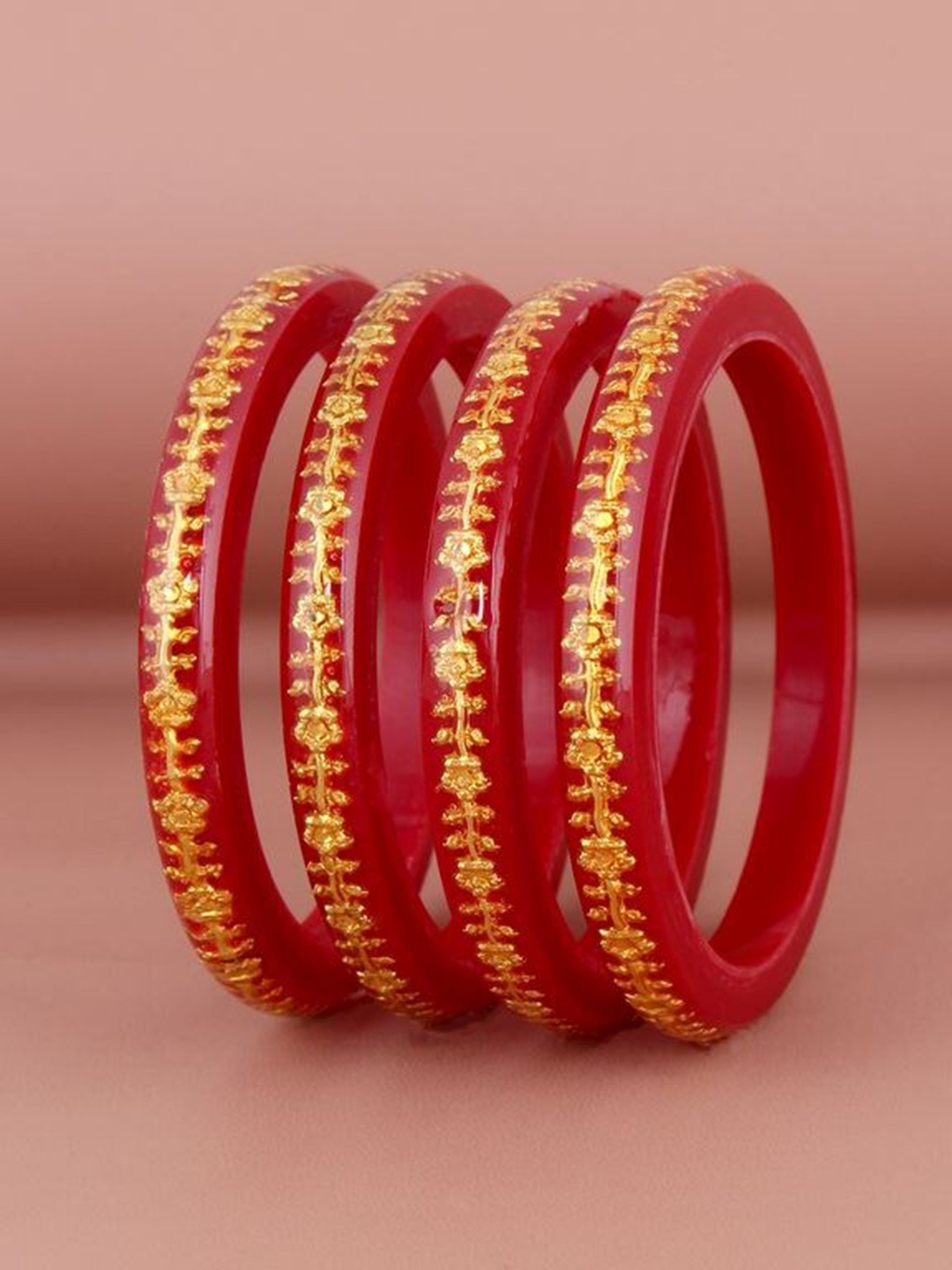 

LUCKY JEWELLERY Set Of 4 Red & Gold-Toned Sankha & Bengali Pola Traditional Bangles
