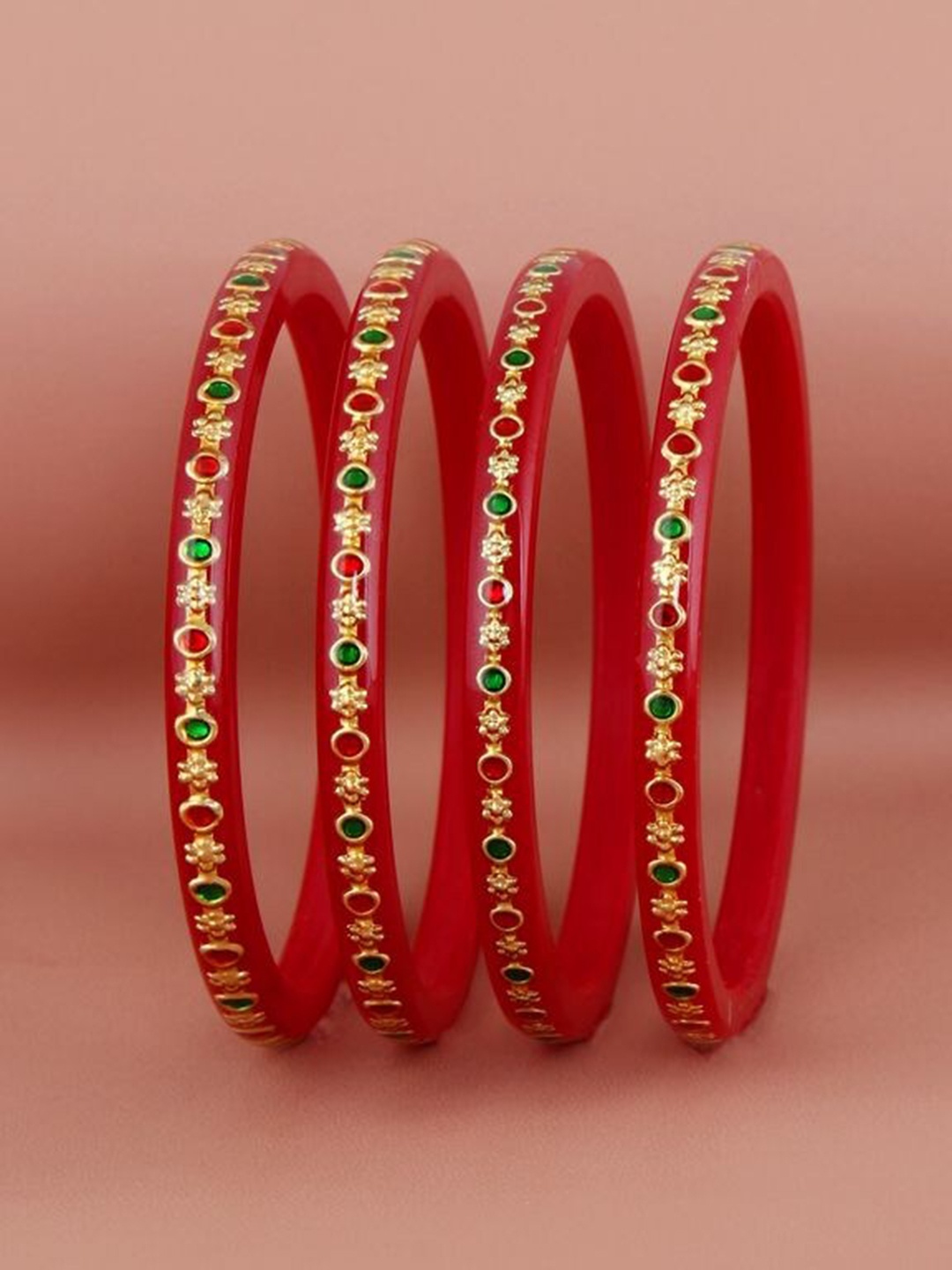 

LUCKY JEWELLERY Set Of 4 Red & Gold-Toned Sankha & Bengali Pola Traditional Bangles