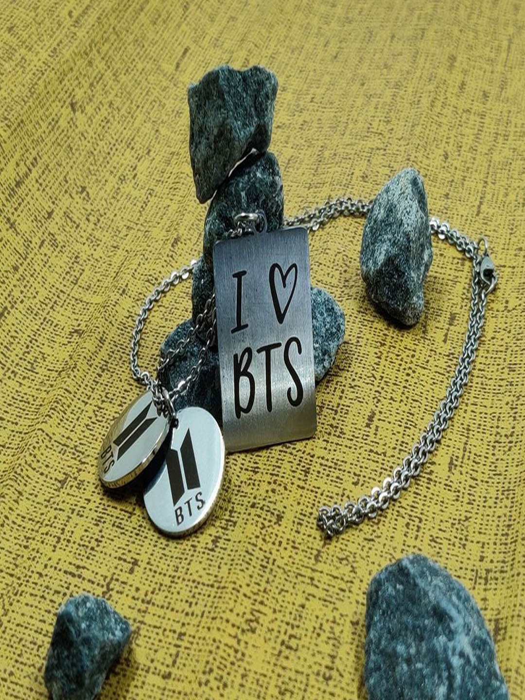 

UNIVERSITY TRENDZ Stainless-Steel Silver-Plated BTS KPOP Bangtan Dual Team Logo & Love Symbol Pendant