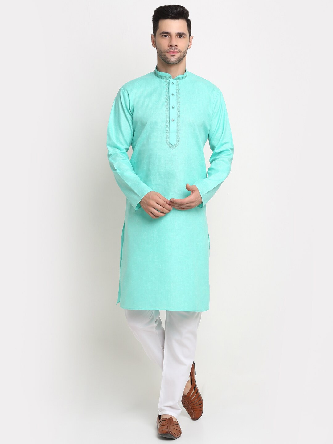 

KRAFT INDIA Men Pure Cotton Embroidered Kurta with Pyjama Set, Sea green