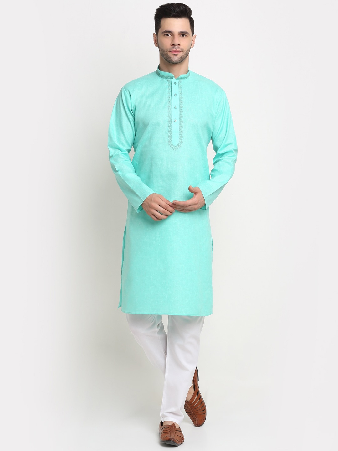 

KRAFT INDIA Men Sea Green Embroidered Cotton Straight Kurta
