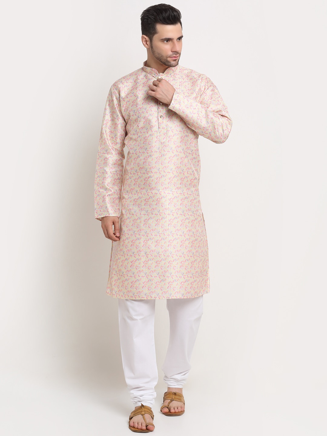 

KRAFT INDIA Men Yellow & Pink Embroidered Straight Kurta