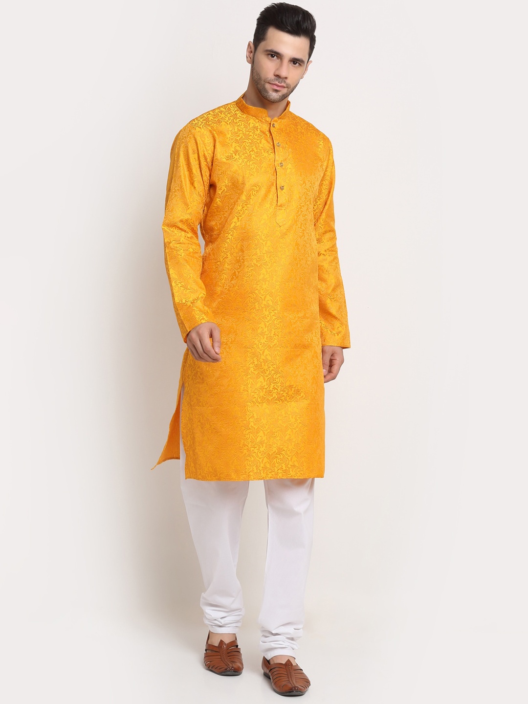 

KRAFT INDIA Men Yellow Woven Design Jacquard Straight Kurta