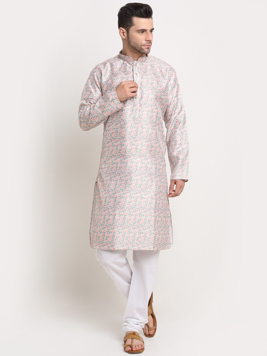 

KRAFT INDIA Men Pink & Grey Ethnic Motifs Thread Work Kurta