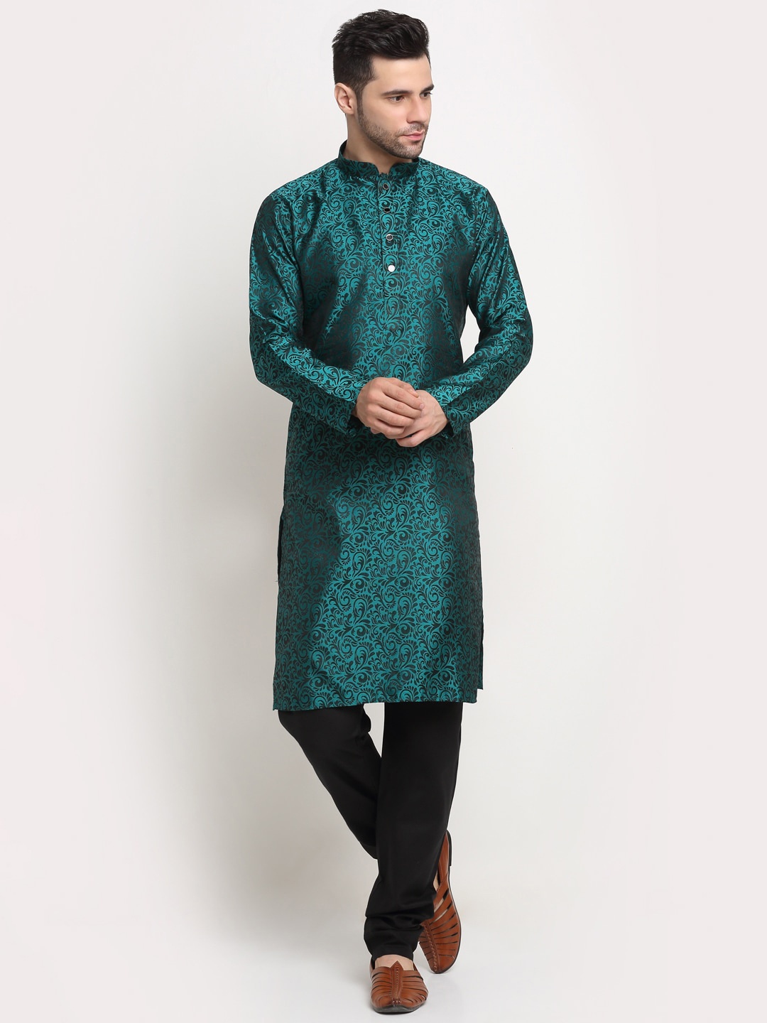 

KRAFT INDIA Men Green Woven Design Jacquard Straight Kurta