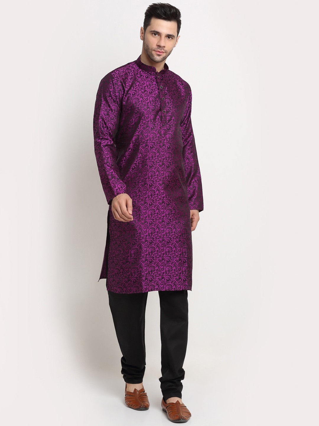 

KRAFT INDIA Men Purple Woven Design Jacquard Straight Kurta