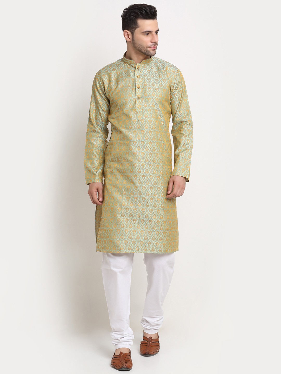 

KRAFT INDIA Men Sea Green & Gold Woven Design Jacquard Straight Kurta