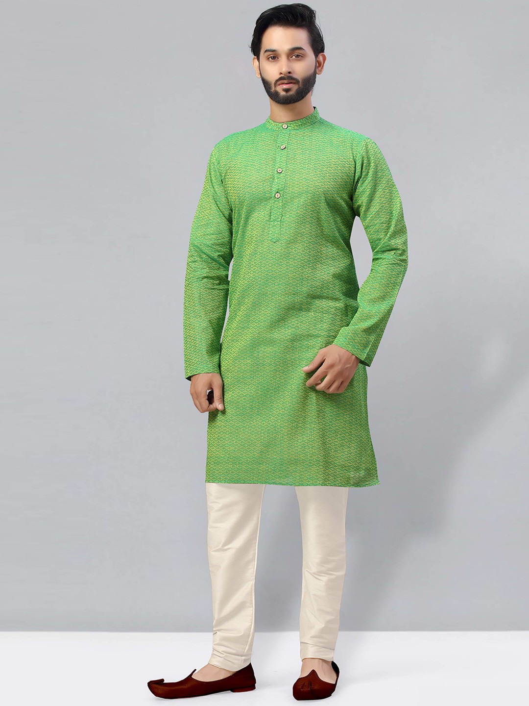 

HERE&NOW Men Green & White Woven Design Kurta