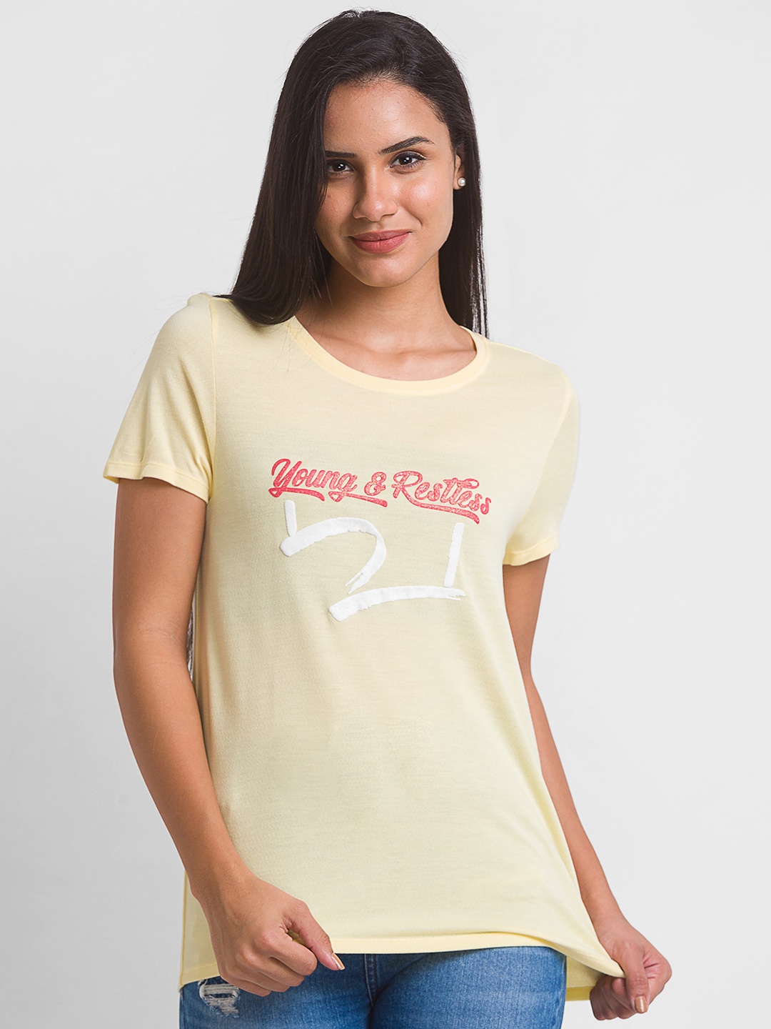 

SPYKAR Women Yellow Typography Printed T-shirt