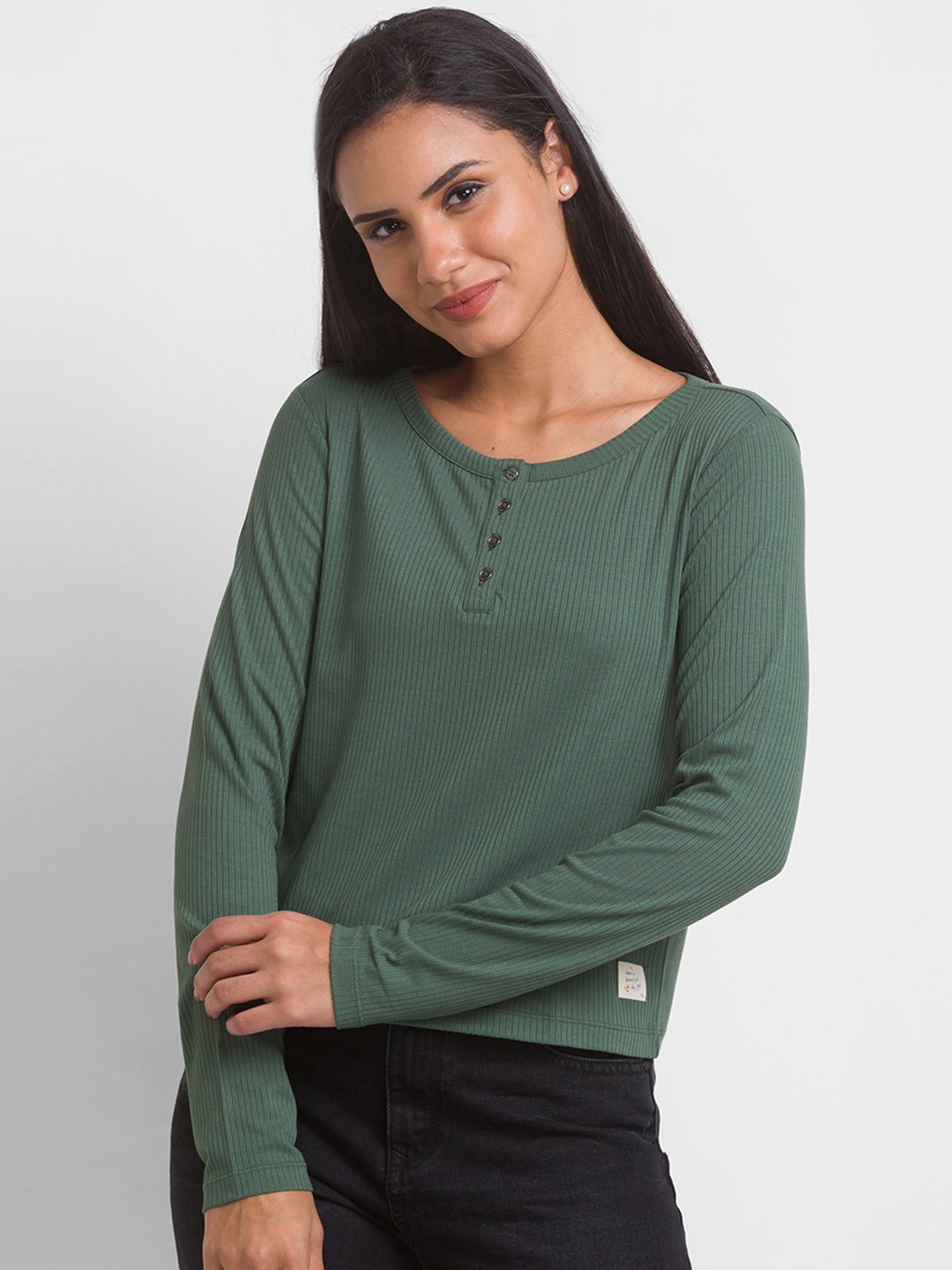 

SPYKAR Women Green Henley Neck T-shirt