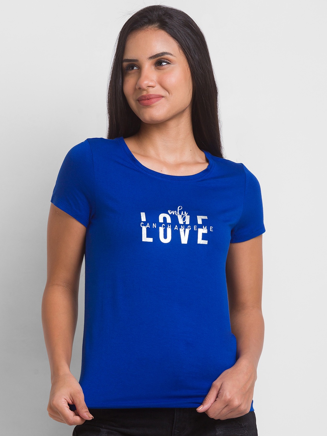 SPYKAR Women Blue Typography Printed T-shirt