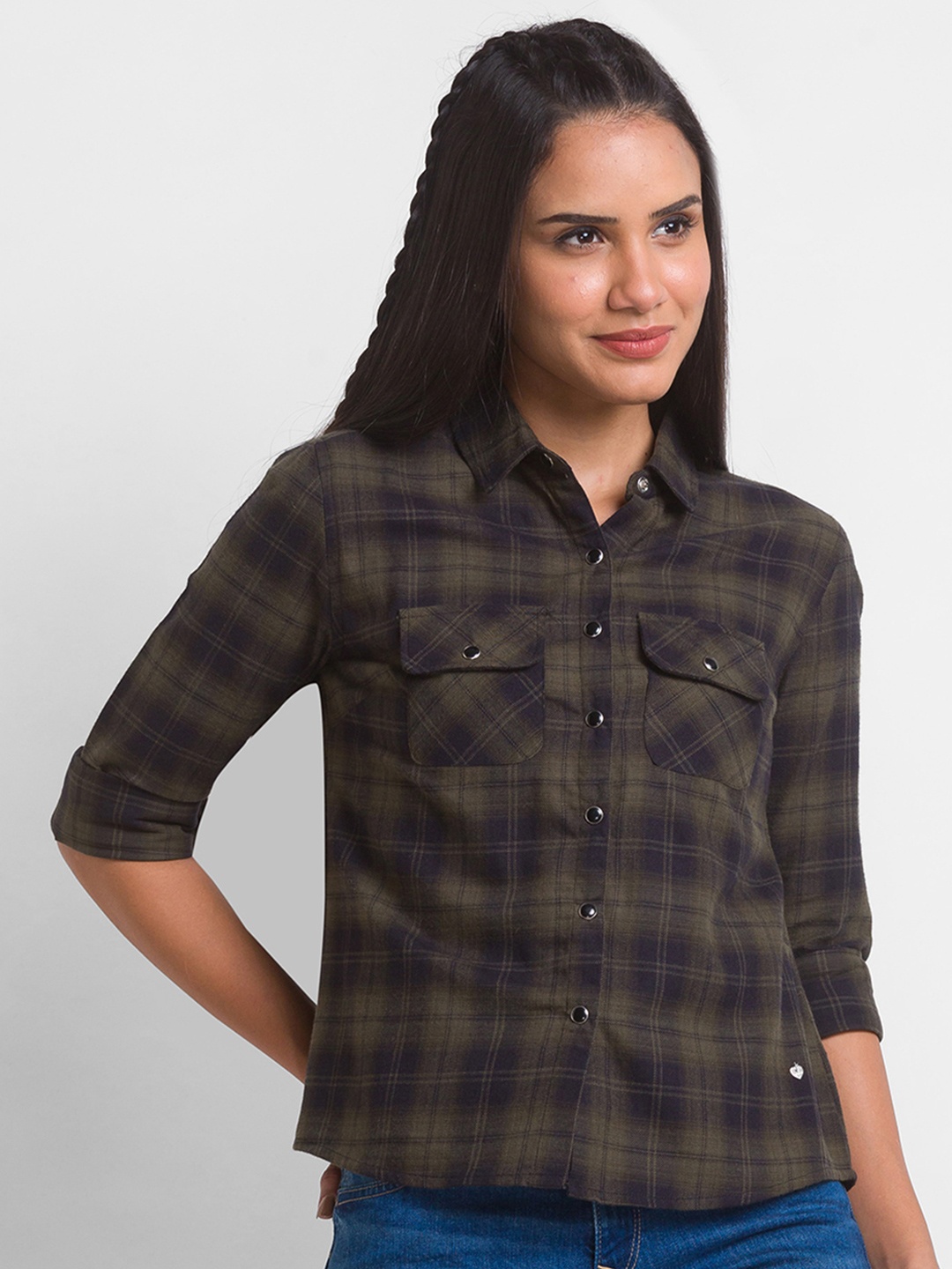 

SPYKAR Women Green Tartan Checks Casual Shirt