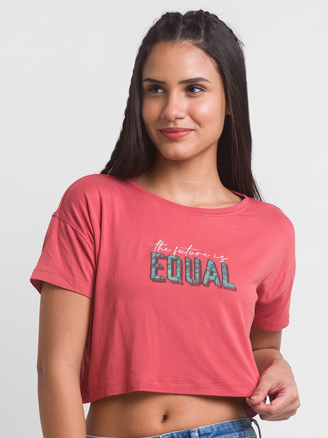 

SPYKAR Women Brown Typography Printed Crop T-shirt