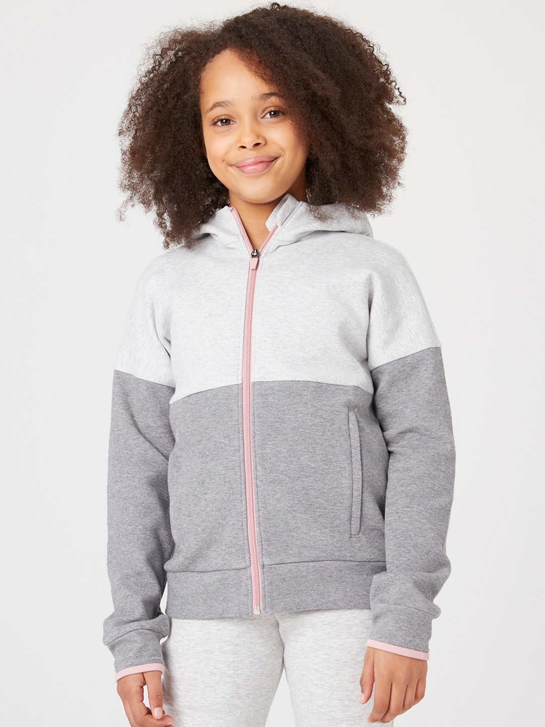 

Domyos By Decathlon Girls Grey & White Colourblocked Cotton Hooded Bomber Jacket