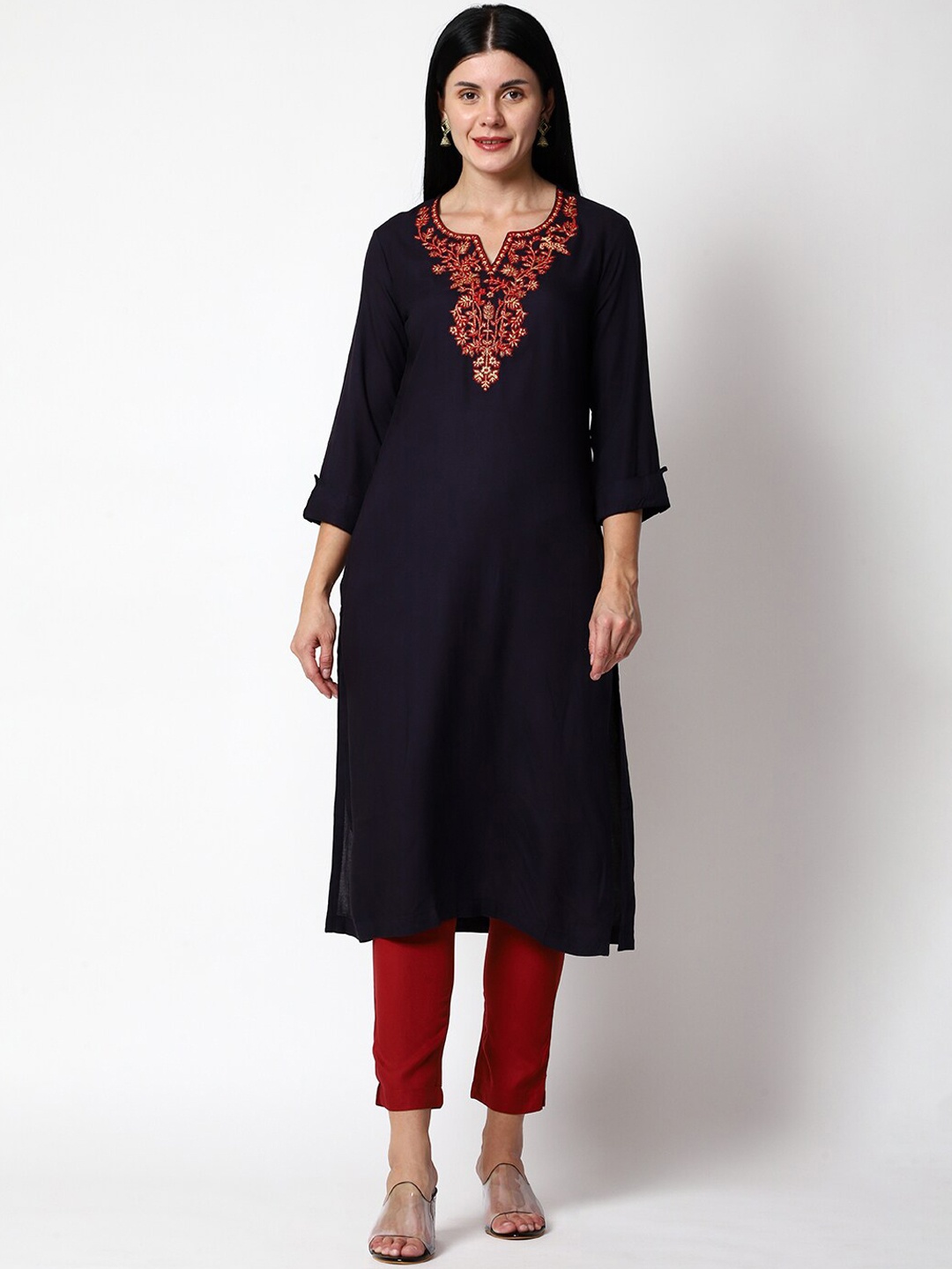 

SHEREEN Women Navy Blue Embroidered Kurta with Trousers
