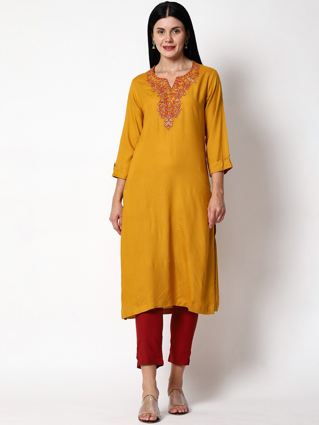 

SHEREEN Women Ethnic Motifs Embroidered Kurta with Trousers, Mustard