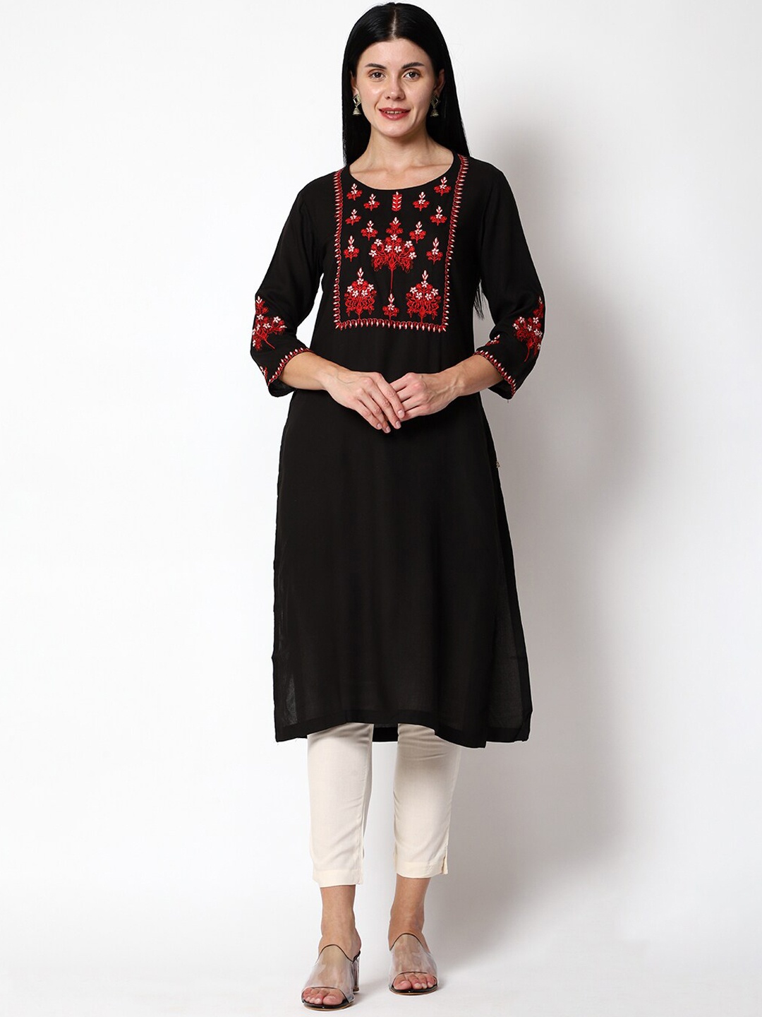 

SHEREEN Women Black Ethnic Motifs Yoke Design Thread Work Kurta with Trousers